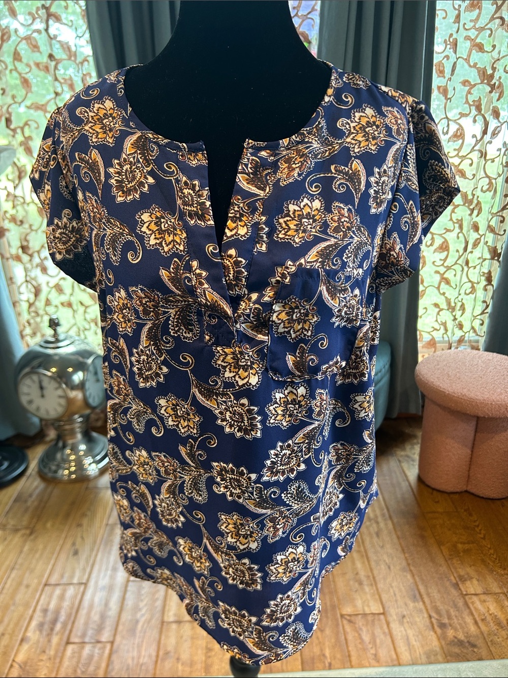 Marina Luna Navy Floral Split V-Neck Top with Gold Paisley Print
